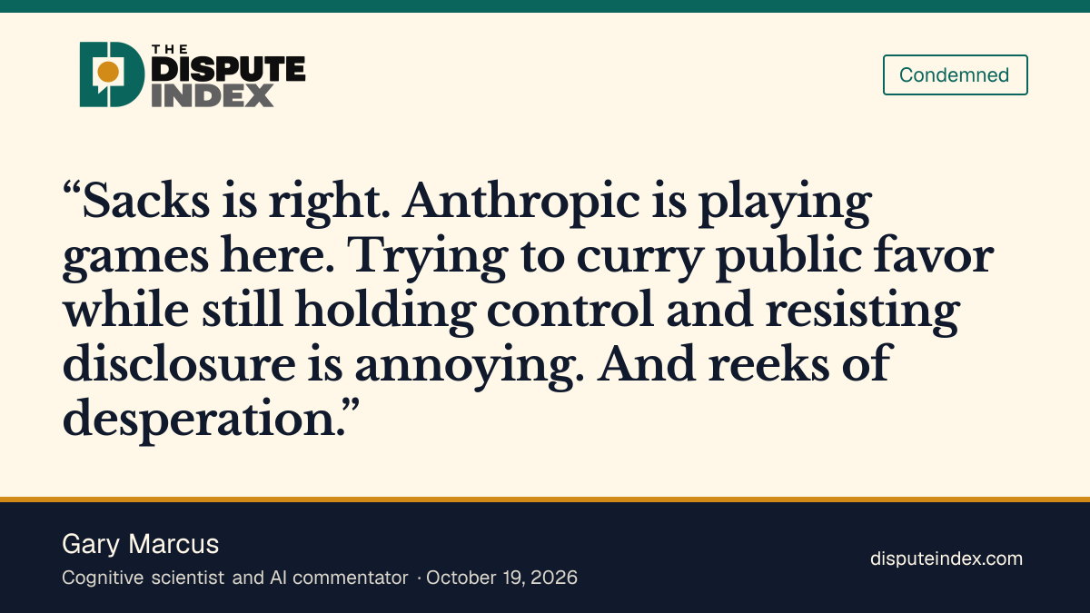 Quote card: Gary Marcus, Marcus accuses Anthropic of seeking favor while retaining control