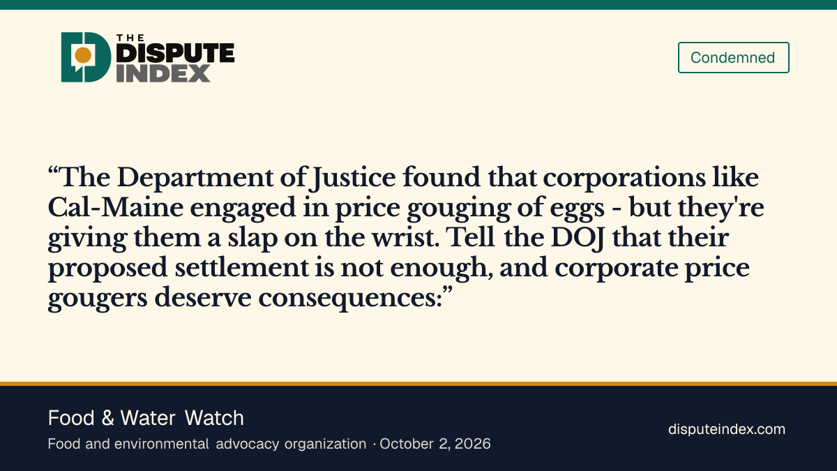 Quote card: Food & Water Watch, Food & Water Watch says DOJ's proposed egg settlement is not enough