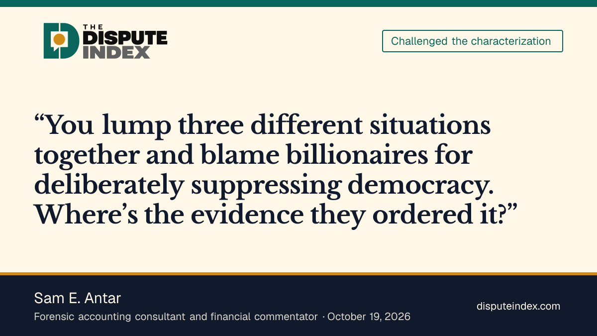 Quote card: Sam E. Antar, Antar challenges Sanders's claim of deliberate suppression