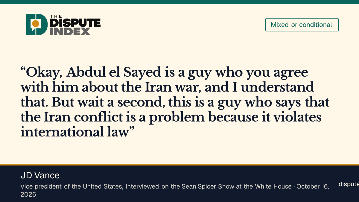 Quote card: JD Vance, Vance tells Tucker Carlson that Abdul El-Sayed agrees with him "about the Iran war"