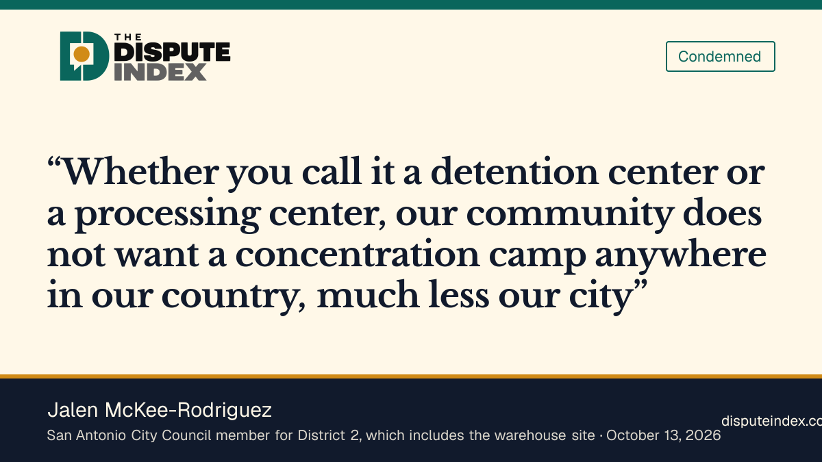 Quote card: Jalen McKee-Rodriguez, Jalen McKee-Rodriguez says his community does not want "a concentration camp" in San Antonio