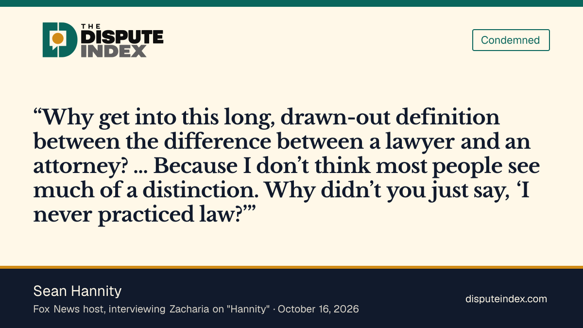 Quote card: Sean Hannity, Hannity asks Zacharia why she didn't just say she never practiced law