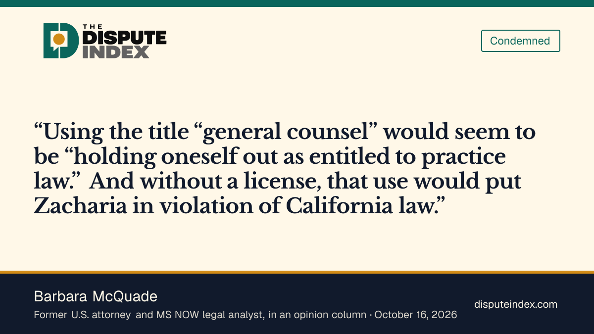 Quote card: Barbara McQuade, McQuade says Zacharia's general counsel title would violate California law