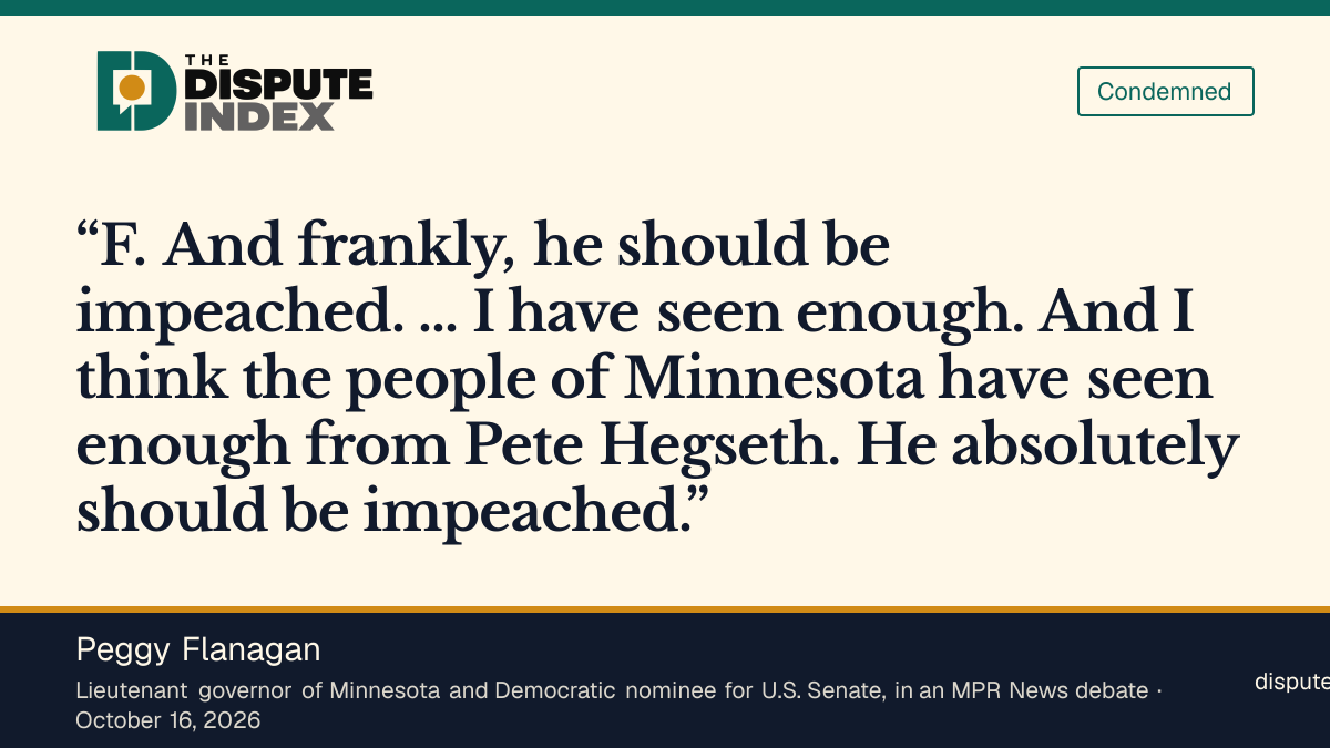 Quote card: Peggy Flanagan, Flanagan gives Hegseth an F and says he should be impeached