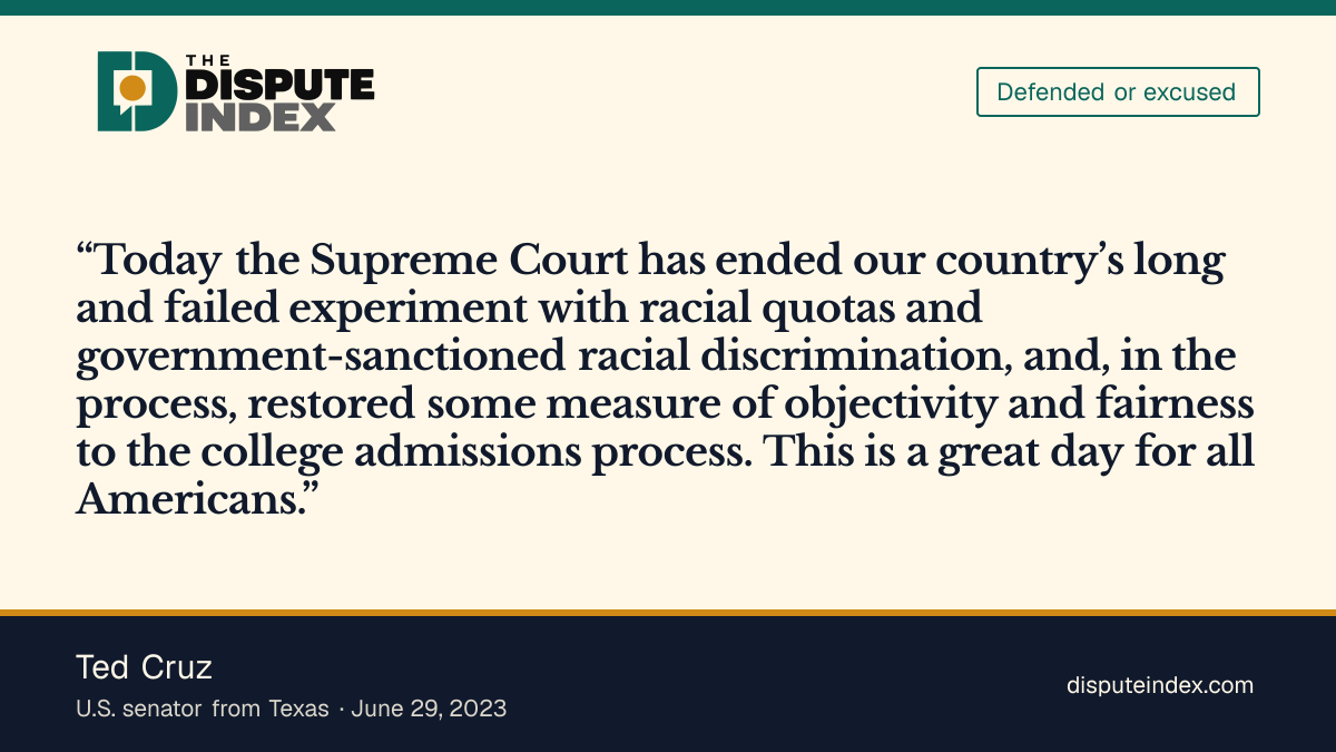 Quote card: Ted Cruz, Ted Cruz says the admissions ruling restores fairness