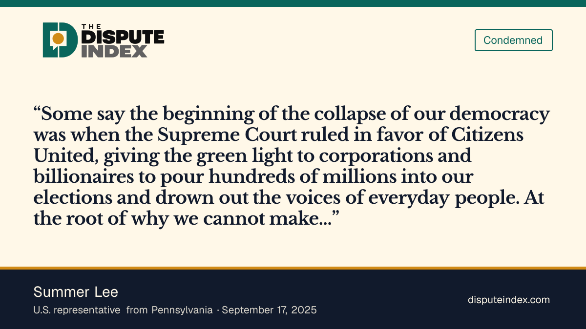 Quote card: Summer Lee, Summer Lee backs overturning Citizens United to reduce corporate influence