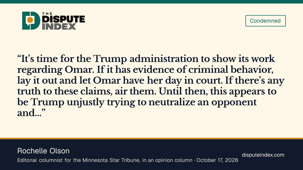 Quote card: Rochelle Olson, Star Tribune columnist Rochelle Olson calls on the administration to show its evidence