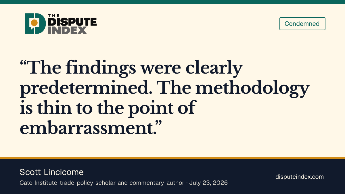 Quote card: Scott Lincicome, Scott Lincicome says the forced-labor tariffs lack a sound evidentiary basis