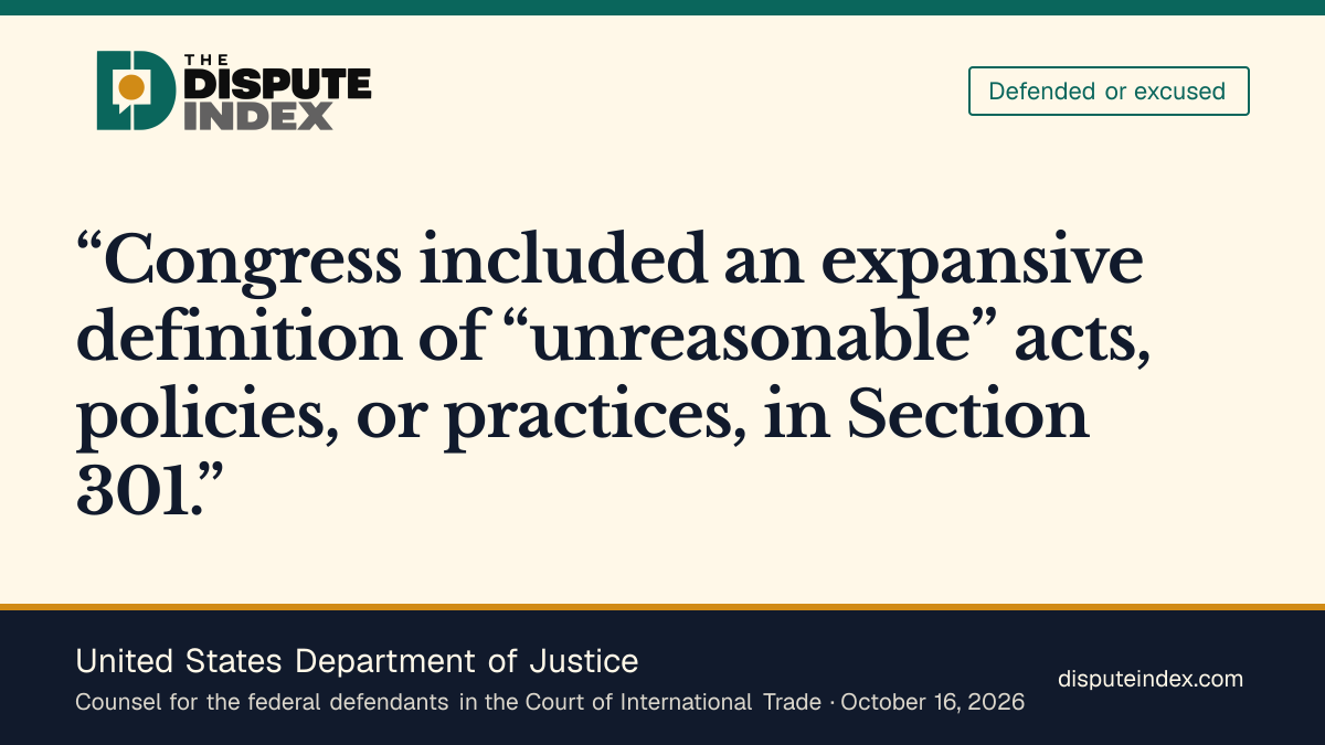 Quote card: United States Department of Justice, DOJ defends USTR's tariff authority and opposes setting the tariffs aside