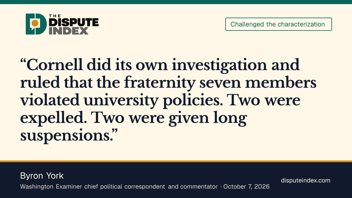 Quote card: Byron York, Byron York challenges the account that Cornell imposed no serious discipline