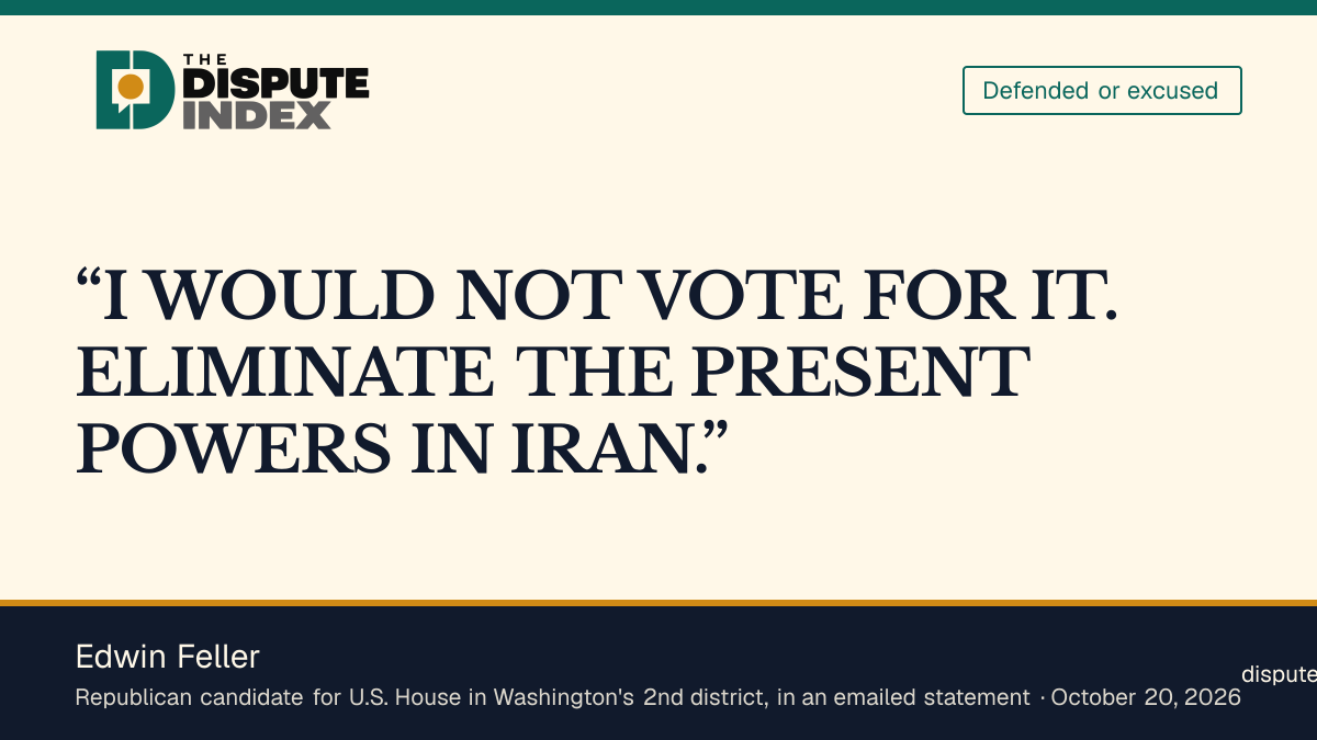 Quote card: Edwin Feller, Edwin Feller says he would not vote for a war powers resolution on Iran