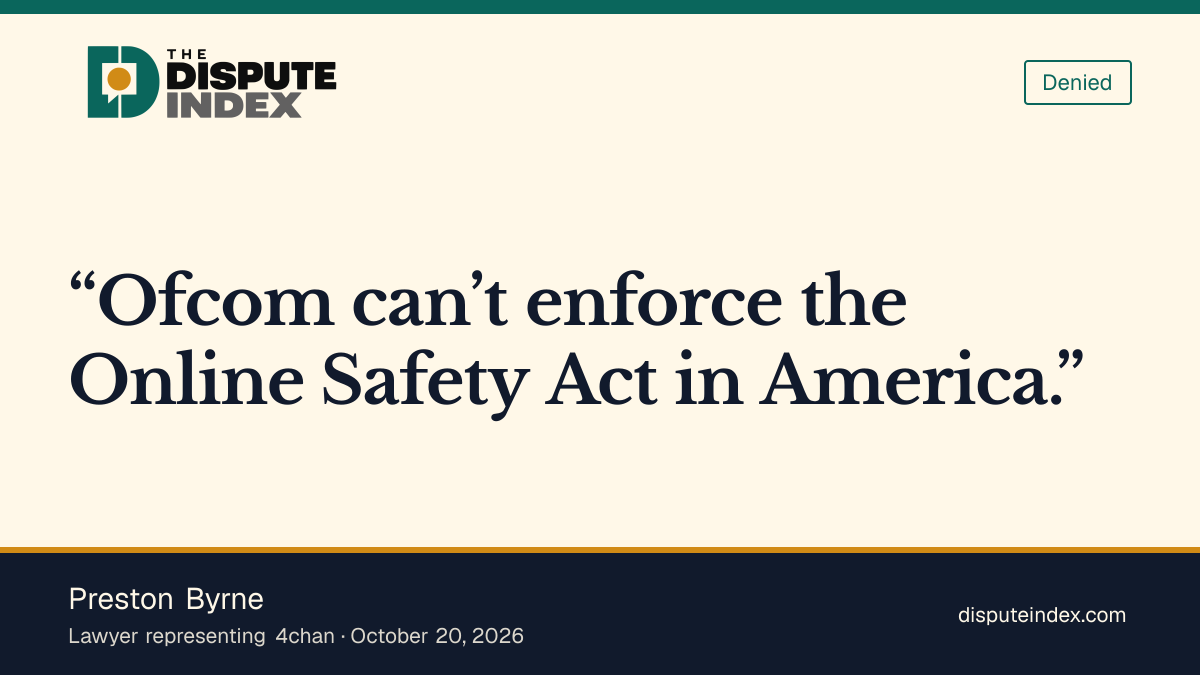 Quote card: Preston Byrne, Preston Byrne says Ofcom cannot enforce the Online Safety Act in America