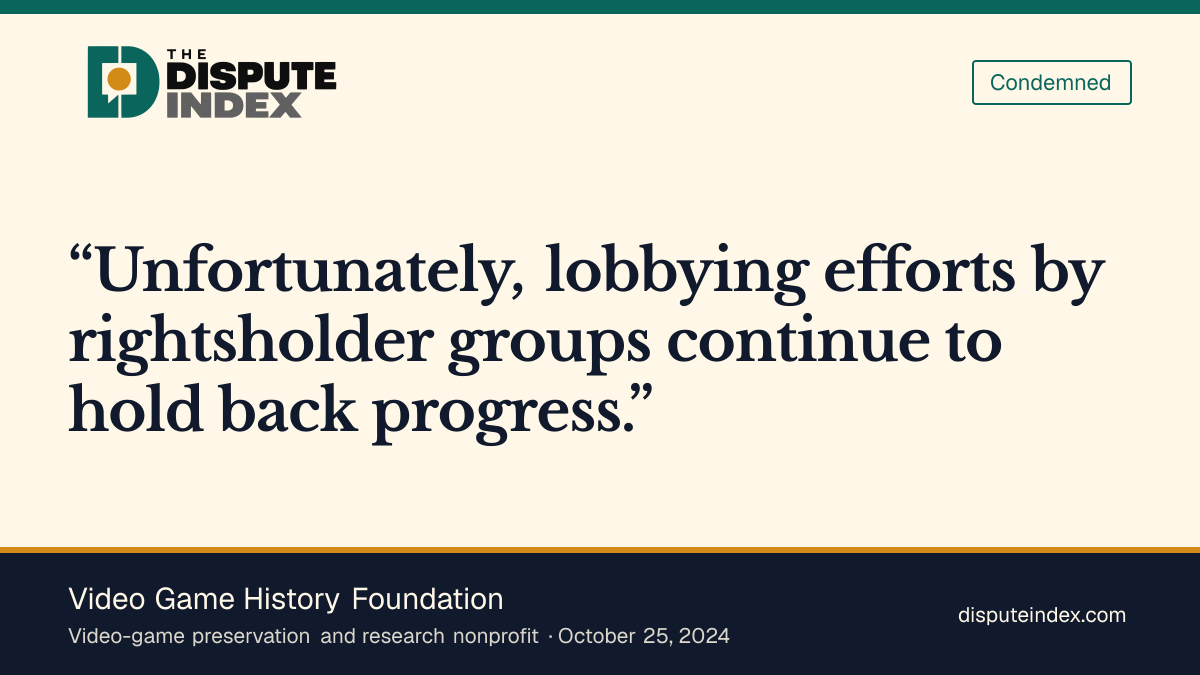Quote card: Video Game History Foundation, VGHF criticizes the Copyright Office's decision on remote research access