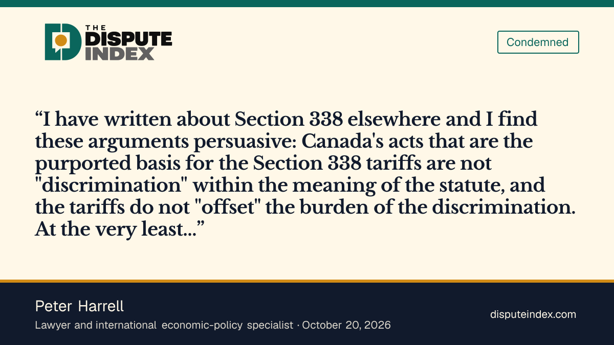 Quote card: Peter Harrell, Peter Harrell finds key arguments against the Section 338 tariffs persuasive