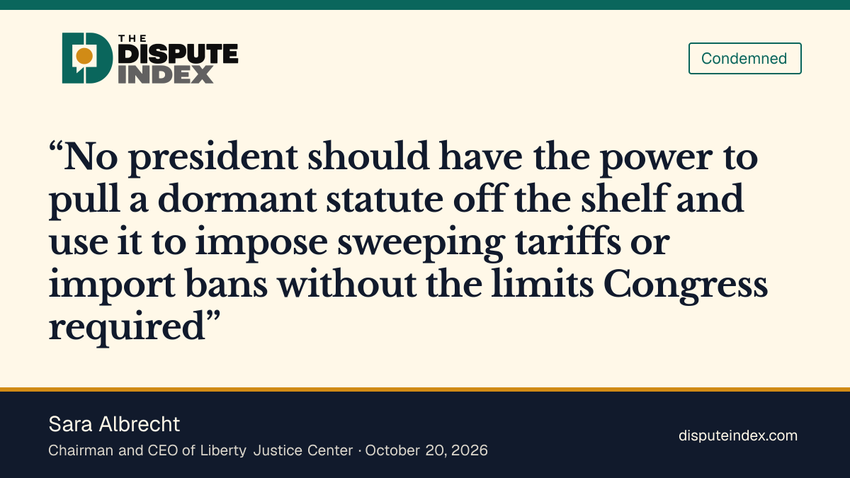 Quote card: Sara Albrecht, Sara Albrecht challenges presidential use of Section 338 for sweeping tariffs