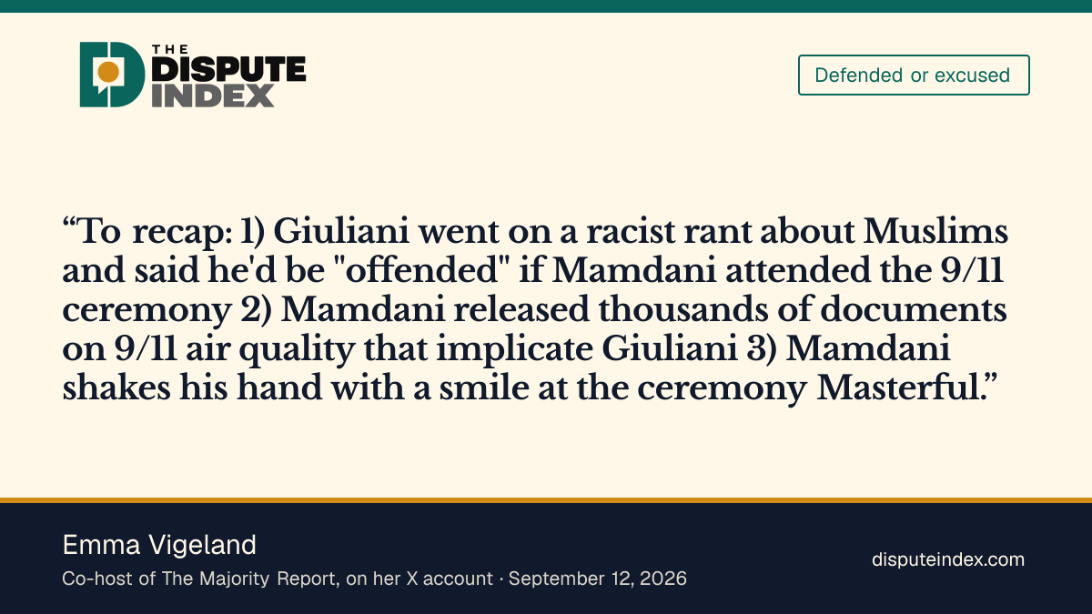 Quote card: Emma Vigeland, Emma Vigeland calls Mamdani's handshake with Giuliani at the 9/11 ceremony masterful
