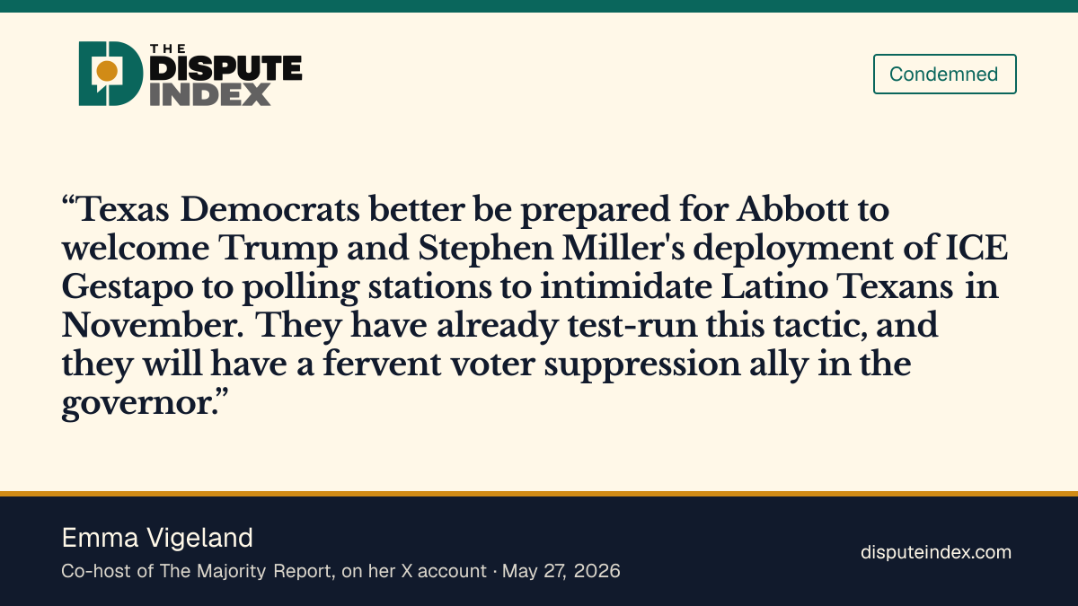 Quote card: Emma Vigeland, Emma Vigeland warns Texas Democrats about ICE at polling stations