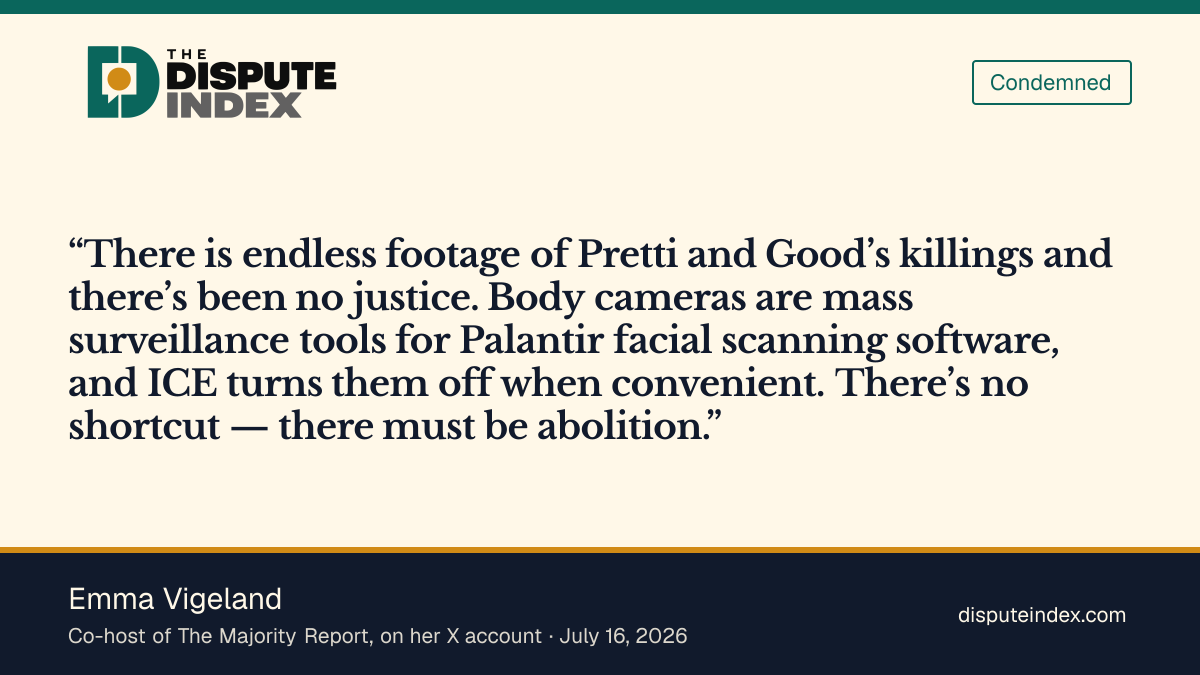 Quote card: Emma Vigeland, Emma Vigeland says there has been no justice for Renée Good's killing