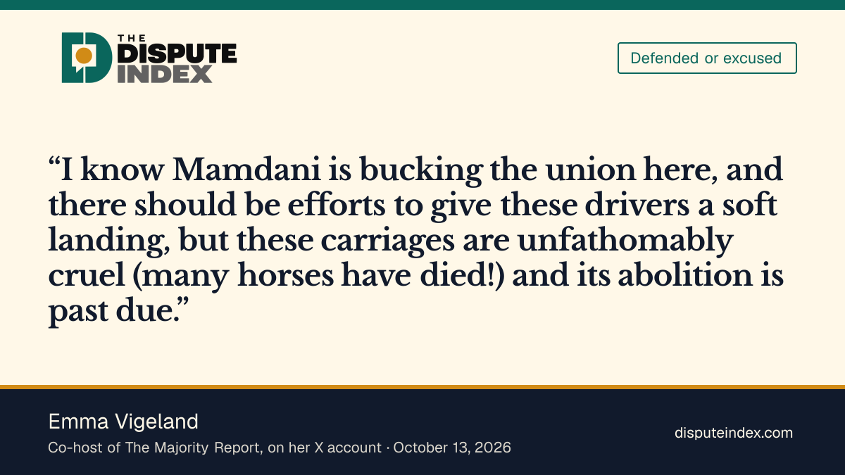 Quote card: Emma Vigeland, Emma Vigeland backs the horse-carriage phaseout and calls abolition past due