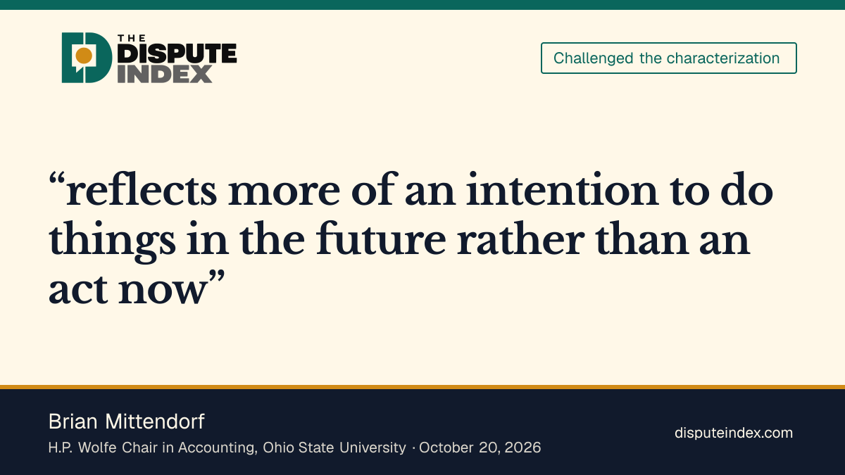 Quote card: Brian Mittendorf, Mittendorf calls Anthropic's pledge an intention rather than a present act