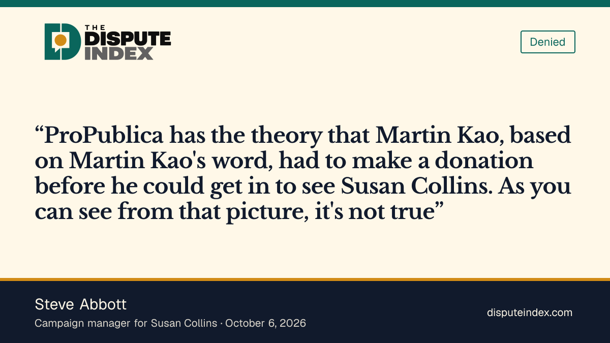 Quote card: Steve Abbott, Abbott says a photo disproves the claim that Kao had to donate before meeting Collins