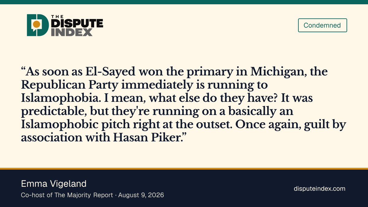 Quote card: Emma Vigeland, Emma Vigeland calls Republican attacks on El-Sayed an Islamophobic pitch
