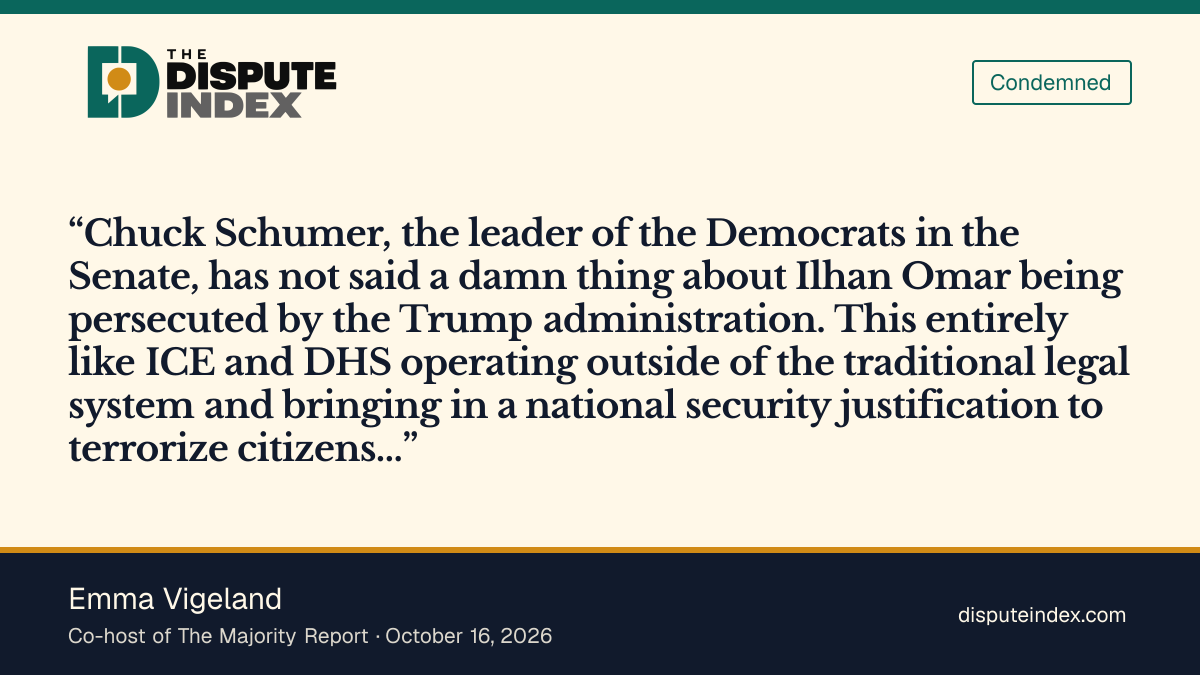 Quote card: Emma Vigeland, Emma Vigeland says Ilhan Omar is being persecuted by the Trump administration