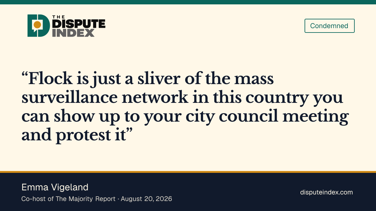 Quote card: Emma Vigeland, Emma Vigeland calls Flock a sliver of the mass surveillance network