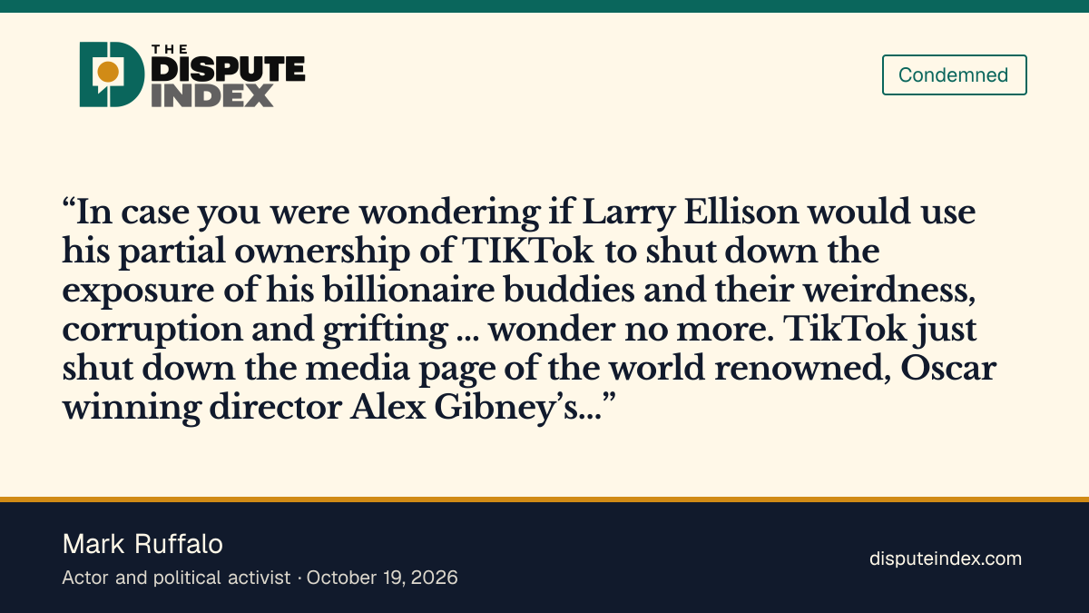 Quote card: Mark Ruffalo, Ruffalo says Larry Ellison's TikTok shut down the Musk film's page