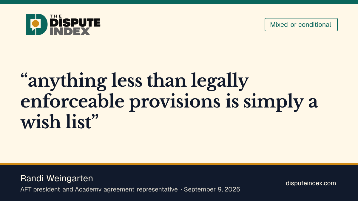 Quote card: Randi Weingarten, Weingarten backs enforceable safeguards and younger-grade limits