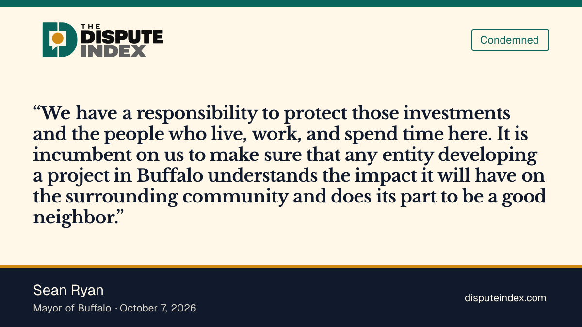 Quote card: Sean Ryan, Mayor Sean Ryan says any entity building in Buffalo must account for its impact on the community