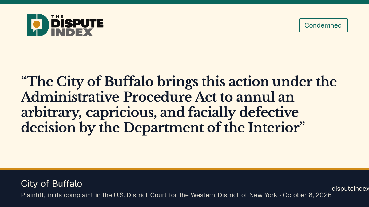 Quote card: City of Buffalo, City of Buffalo asks a federal court to annul Interior's restricted-fee decision on 5 Miami Street