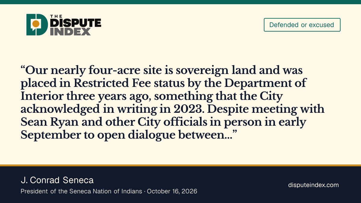 Quote card: J. Conrad Seneca, J. Conrad Seneca says the city acknowledged the site's restricted-fee status in writing in 2023