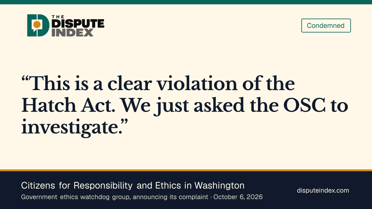 Quote card: Citizens for Responsibility and Ethics in Washington, CREW calls the FBI video a clear violation of the Hatch Act and asks the Office of Special Counsel to investigate