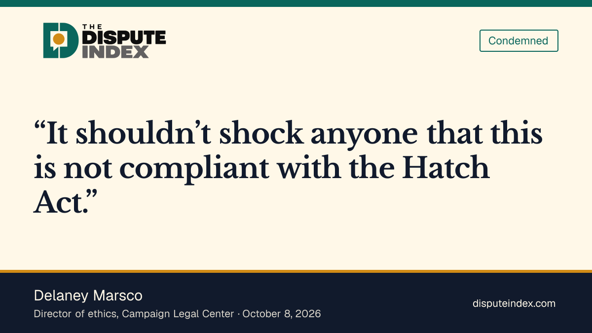 Quote card: Delaney Marsco, Campaign Legal Center's Delaney Marsco says the FBI video is not compliant with the Hatch Act