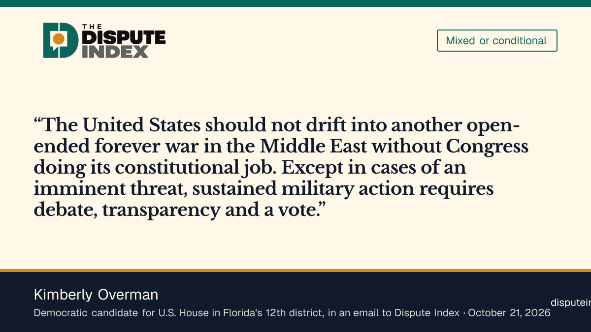Quote card: Kimberly Overman, Kimberly Overman says sustained military action requires a vote in Congress