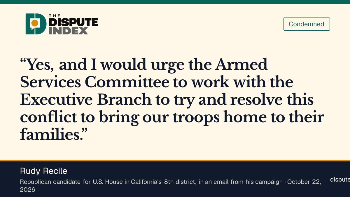 Quote card: Rudy Recile, Rudy Recile's campaign says he would vote for the Iran war powers resolution