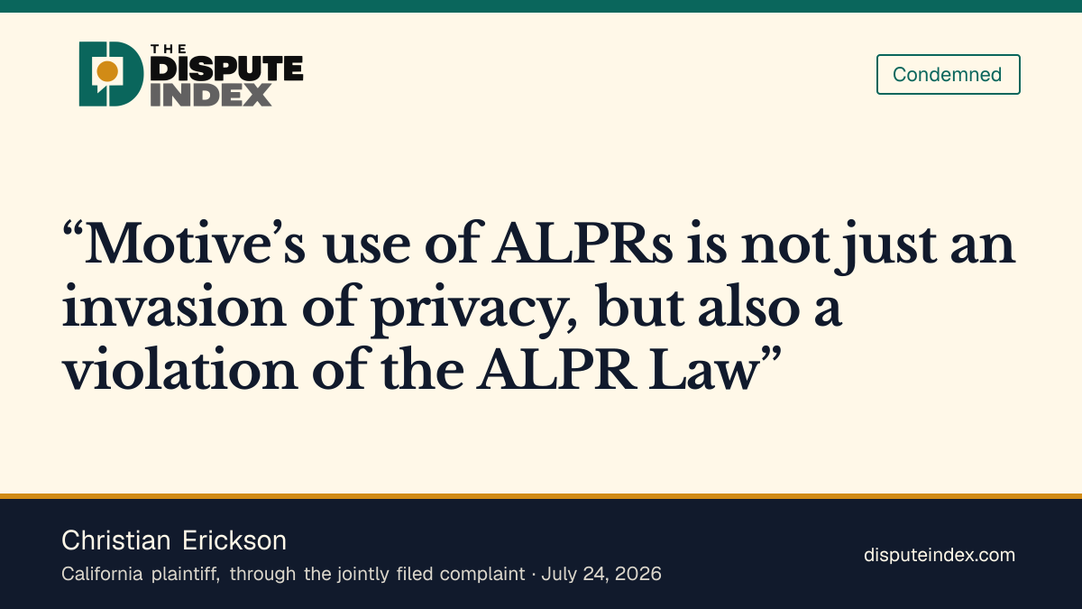 Quote card: Christian Erickson, Erickson challenges Motive's plate-data collection under California law