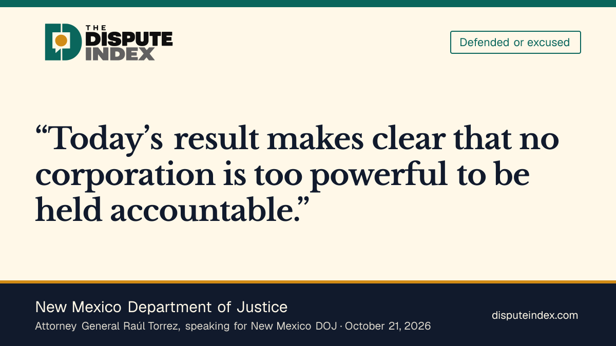 Quote card: New Mexico Department of Justice, New Mexico DOJ backs the $25 billion Facebook penalty