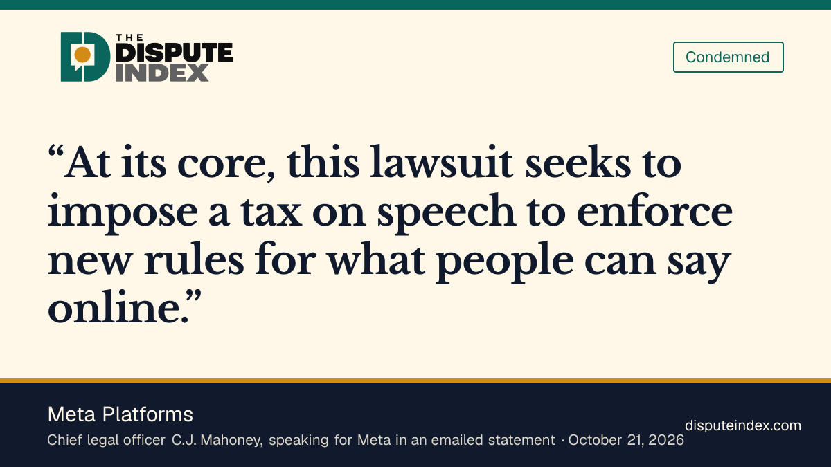 Quote card: Meta Platforms, Meta calls New Mexico's lawsuit a tax on speech