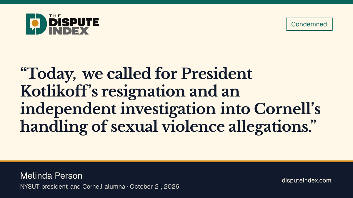 Quote card: Melinda Person, Melinda Person seeks Kotlikoff's resignation over Cornell's handling