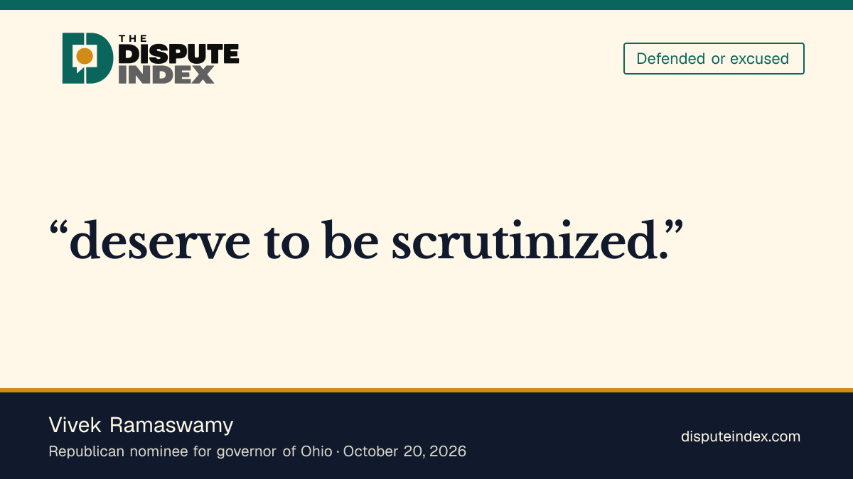 Quote card: Vivek Ramaswamy, Ramaswamy defends the ad as scrutiny of Acton