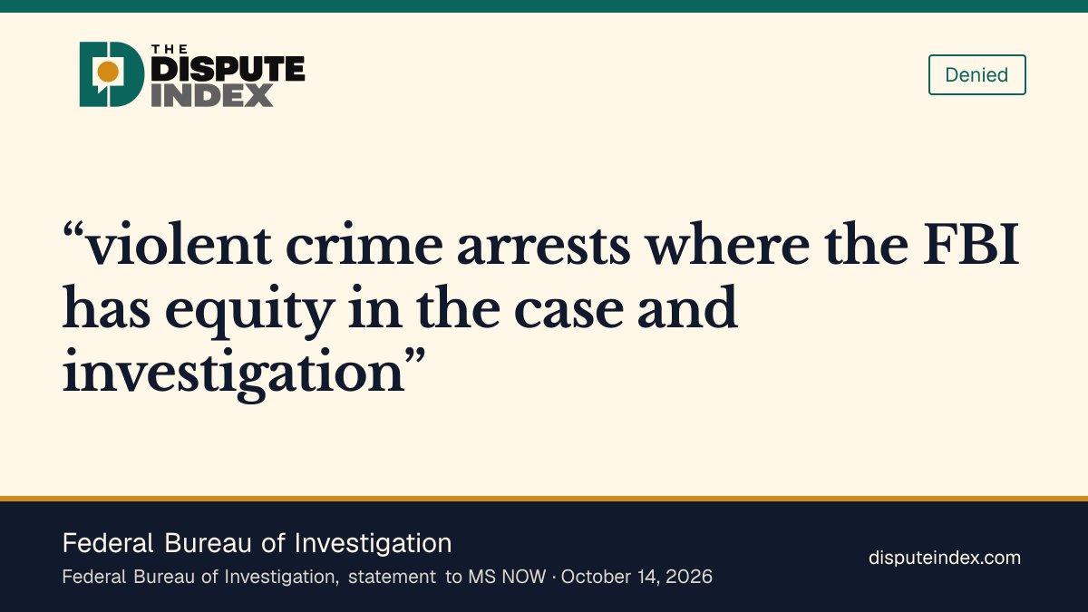 Quote card: Federal Bureau of Investigation, FBI says it has always counted violent crime arrests where it has equity in the case