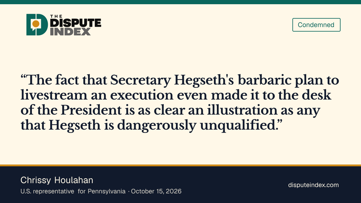 Quote card: Chrissy Houlahan, Houlahan backs canceling the execution livestream and calls for Hegseth's removal