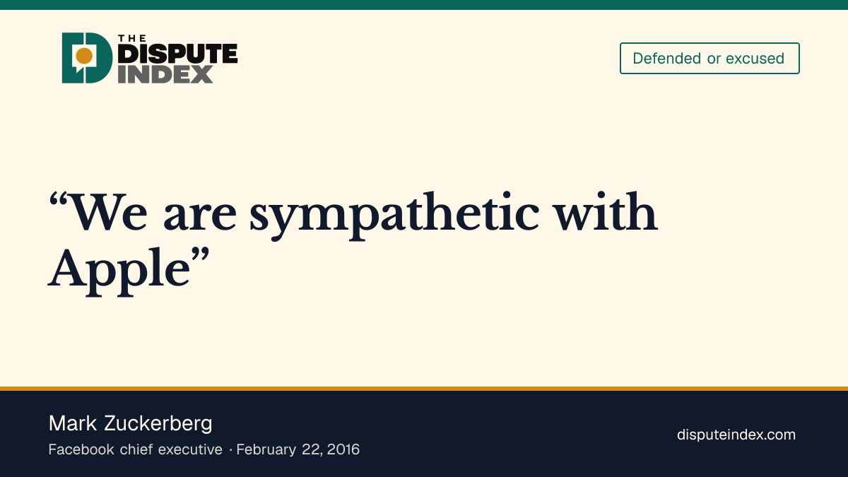 Quote card: Mark Zuckerberg, Zuckerberg expresses support for Apple in the San Bernardino phone dispute