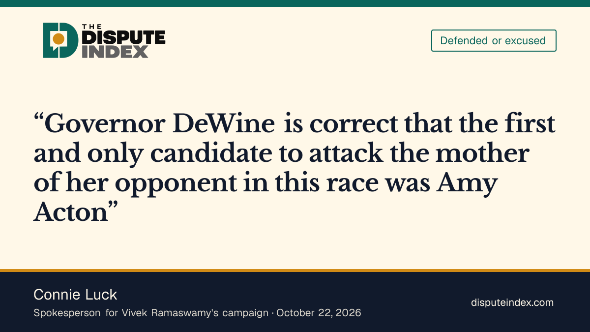 Quote card: Connie Luck, Connie Luck responds to DeWine by saying Acton attacked Ramaswamy's mother first