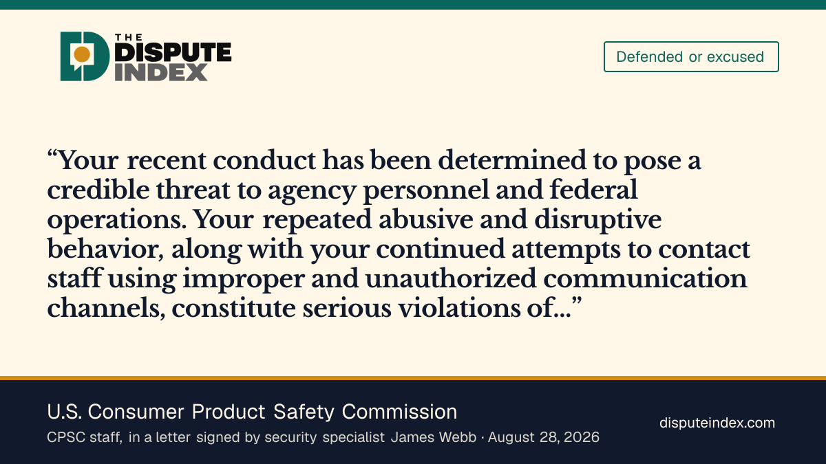 Quote card: U.S. Consumer Product Safety Commission, CPSC staff give security reasons for Krenik's access ban