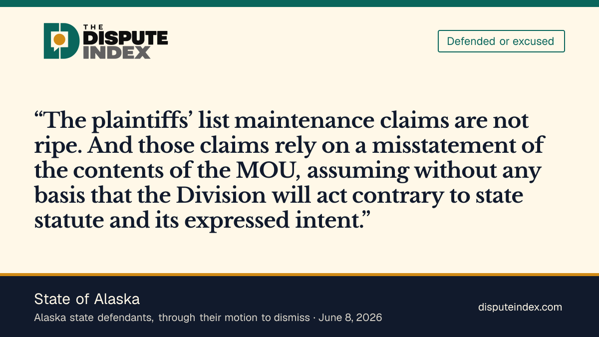 Quote card: State of Alaska, Alaska state defendants defend the voter-data agreement