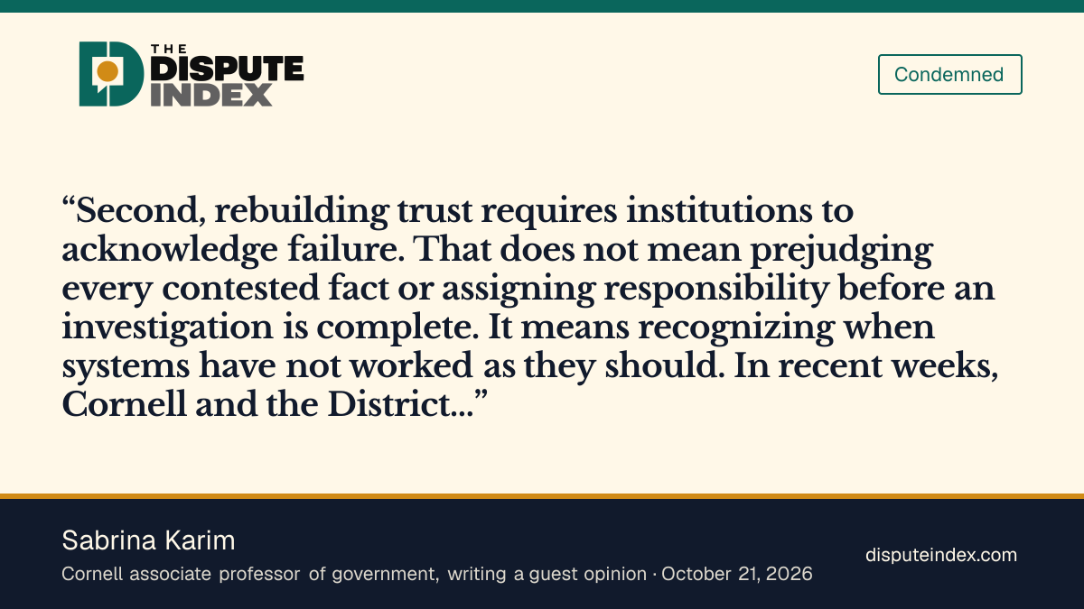 Quote card: Sabrina Karim, Sabrina Karim calls for Cornell to acknowledge institutional failure