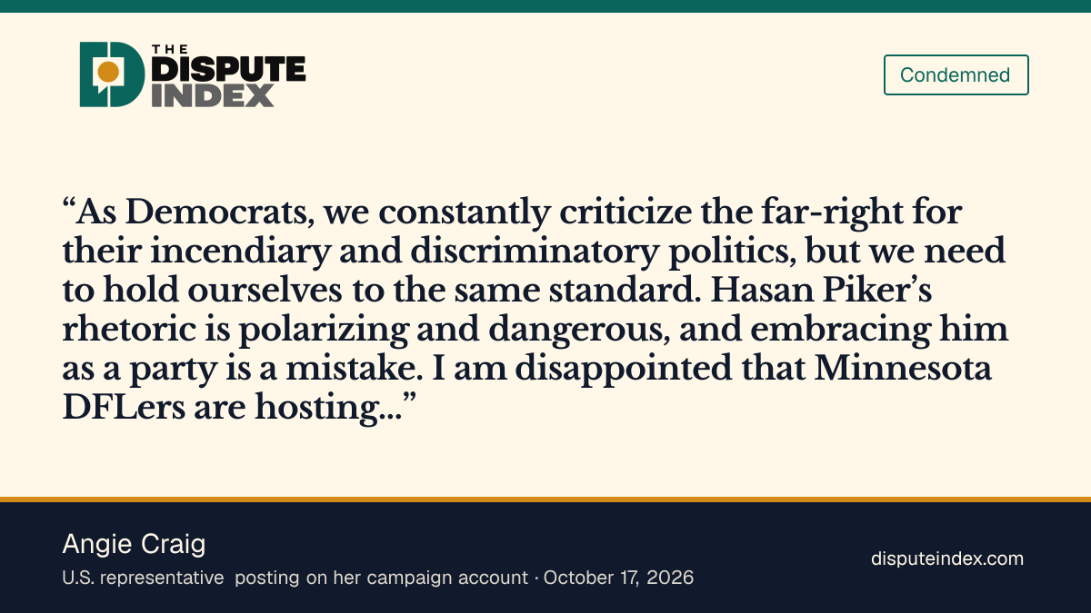 Quote card: Angie Craig, Angie Craig criticizes Democrats for hosting Hasan Piker